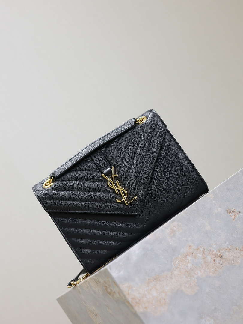 YSL 600185 Envelope Meduim In Quilted Grain De Poudre Embossed Leather V Gird Black