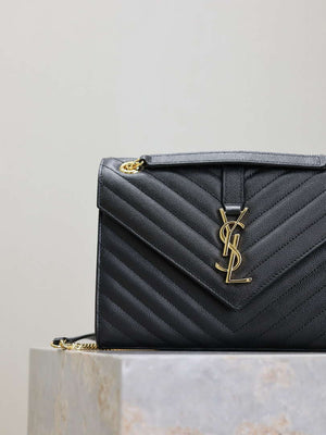 YSL 600185 Envelope Meduim In Quilted Grain De Poudre Embossed Leather V Gird Black - Default Title - View 3