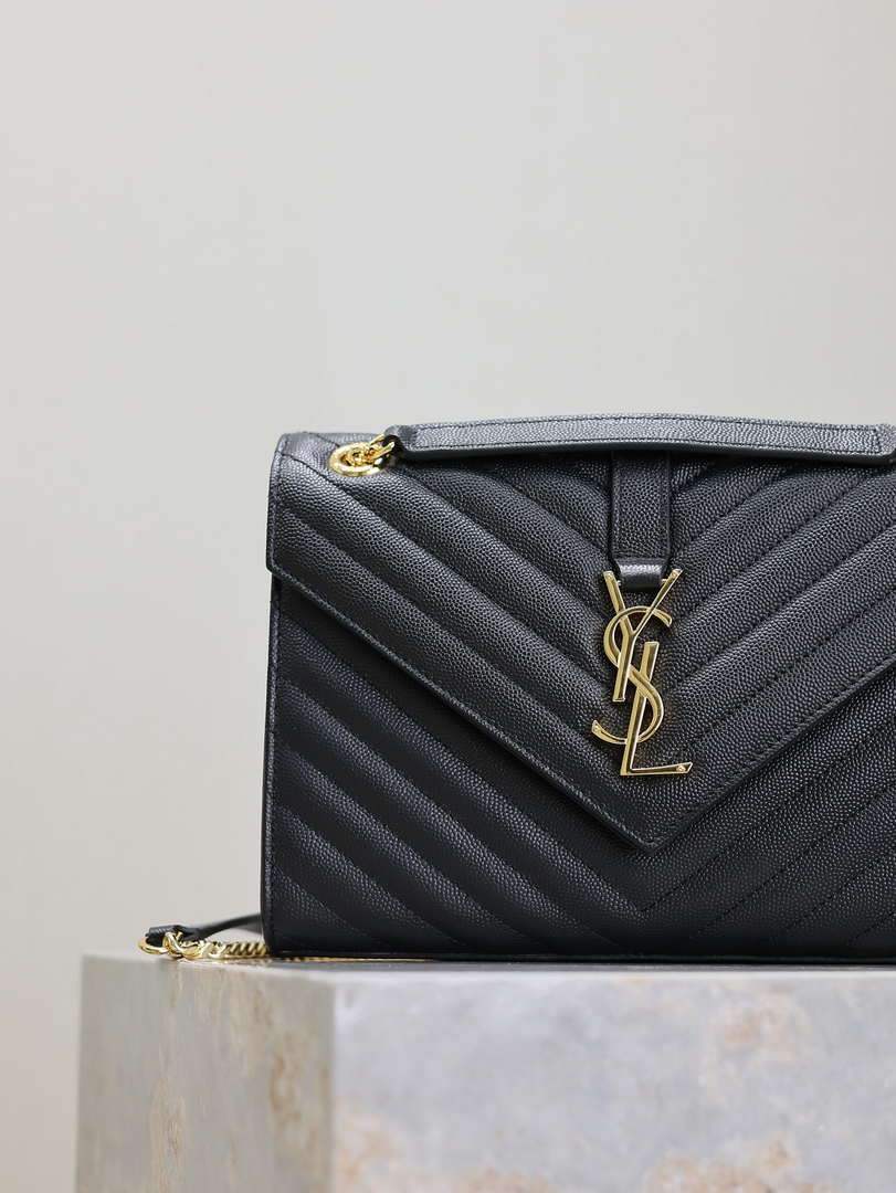 YSL 600185 Envelope Meduim In Quilted Grain De Poudre Embossed Leather V Gird Black