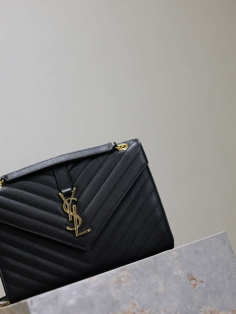 YSL 600185 Envelope Meduim In Quilted Grain De Poudre Embossed Leather V Gird Black