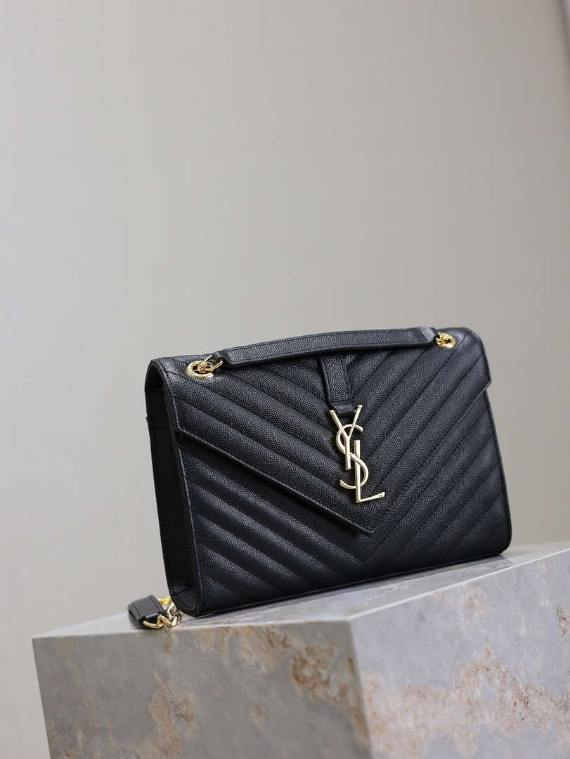 YSL 600185 Envelope Meduim In Quilted Grain De Poudre Embossed Leather V Gird Black