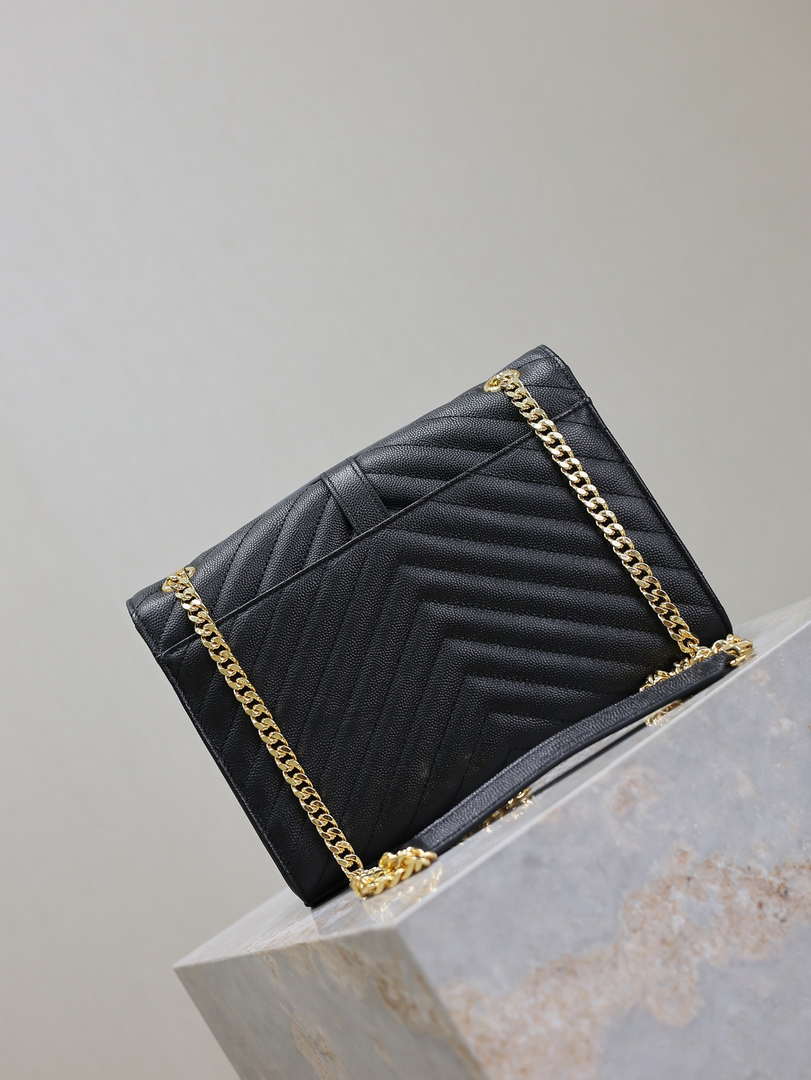 YSL 600185 Envelope Meduim In Quilted Grain De Poudre Embossed Leather V Gird Black