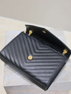YSL 600185 Envelope Meduim In Quilted Grain De Poudre Embossed Leather V Gird Black - Default Title - View 8