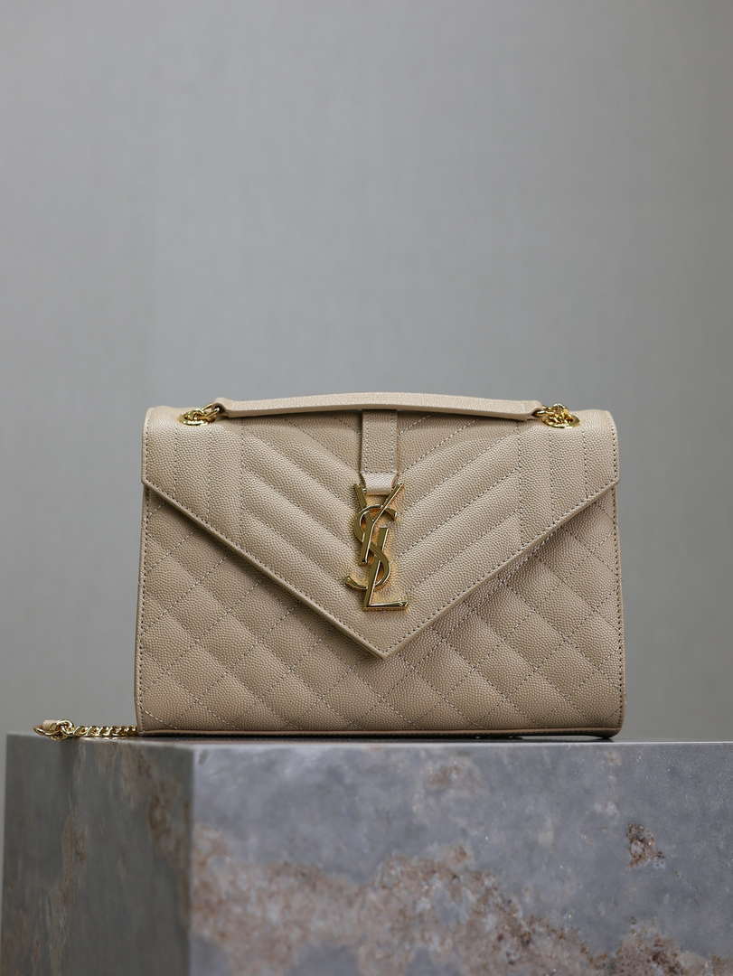 YSL 600185 Envelope Meduim In Quilted Grain De Poudre Embossed Leather Apricot