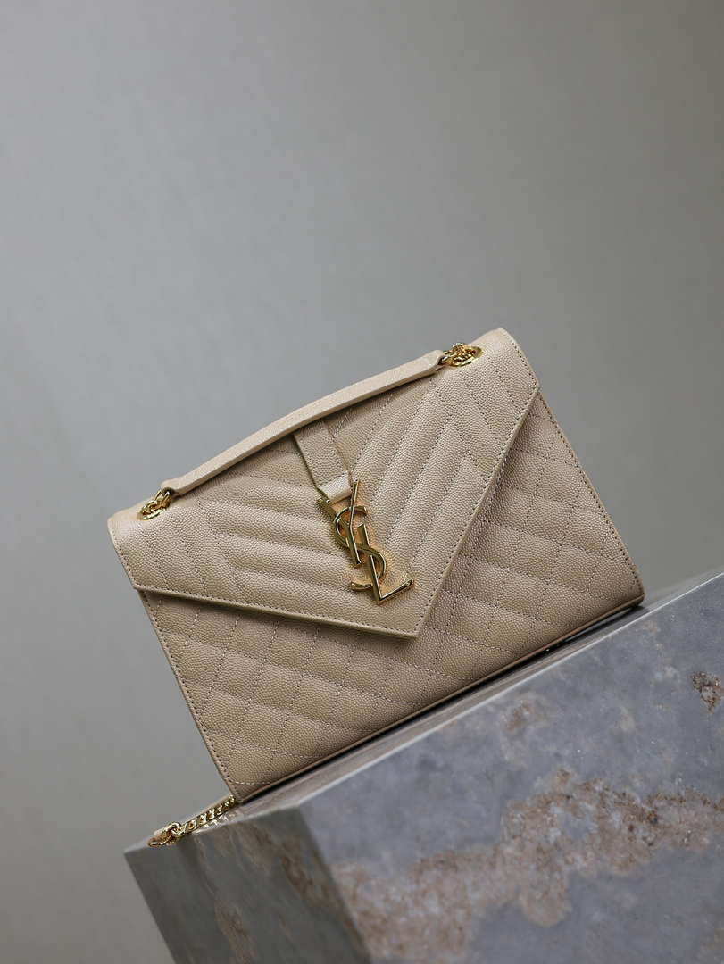 YSL 600185 Envelope Meduim In Quilted Grain De Poudre Embossed Leather Apricot