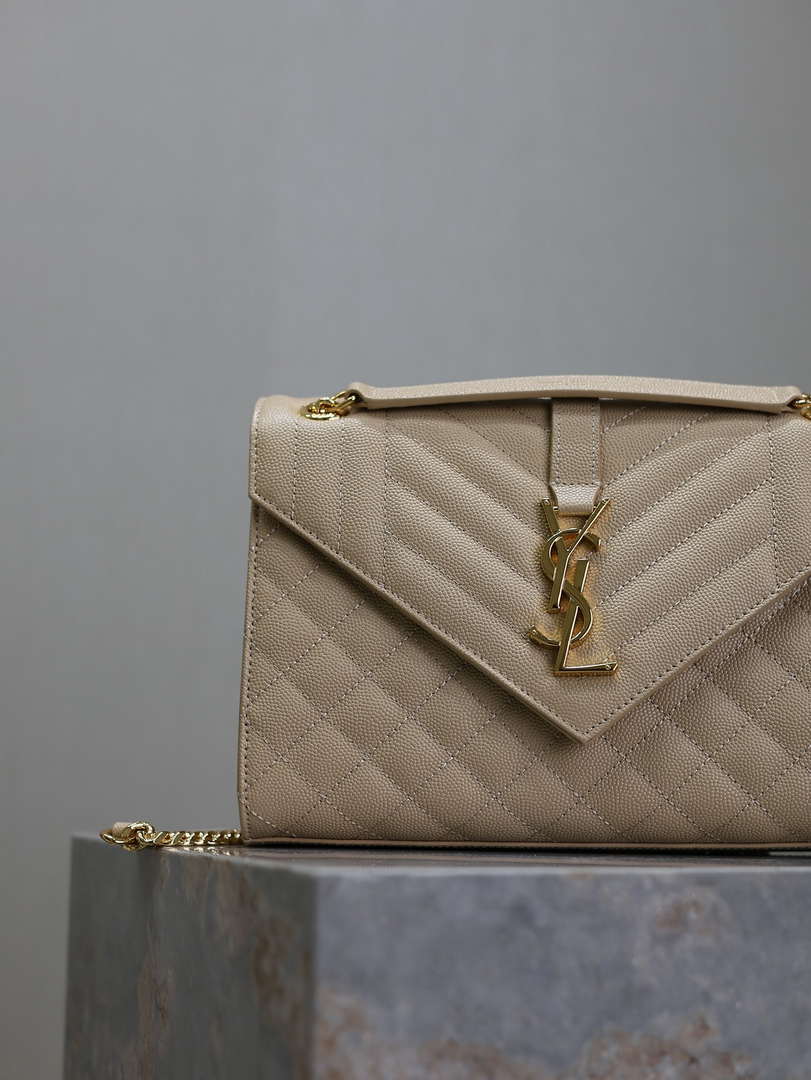 YSL 600185 Envelope Meduim In Quilted Grain De Poudre Embossed Leather Apricot