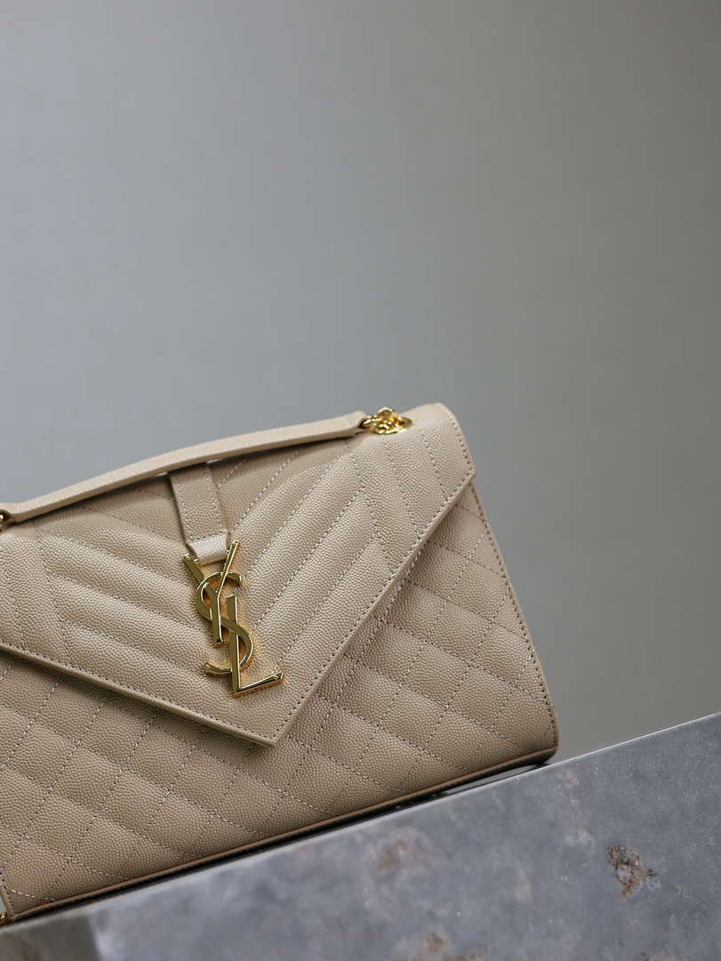 YSL 600185 Envelope Meduim In Quilted Grain De Poudre Embossed Leather Apricot