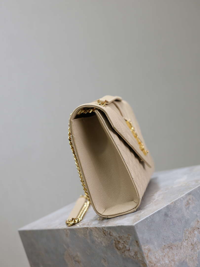 YSL 600185 Envelope Meduim In Quilted Grain De Poudre Embossed Leather Apricot