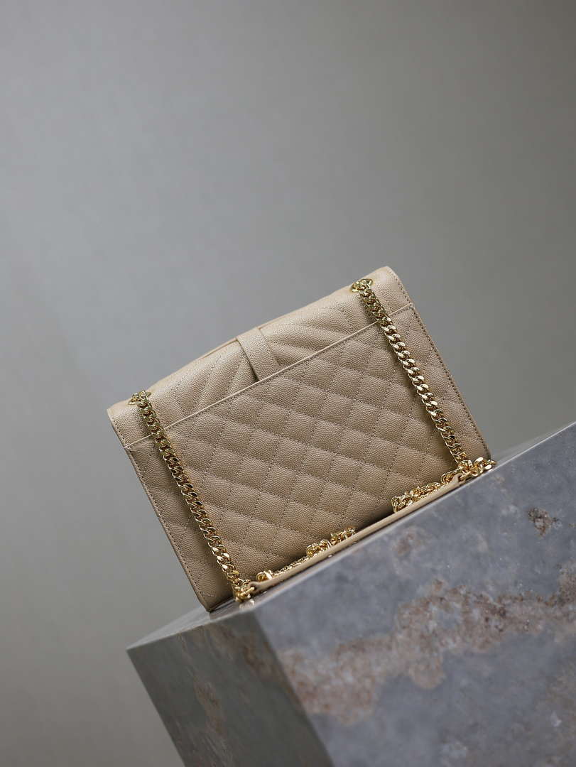 YSL 600185 Envelope Meduim In Quilted Grain De Poudre Embossed Leather Apricot
