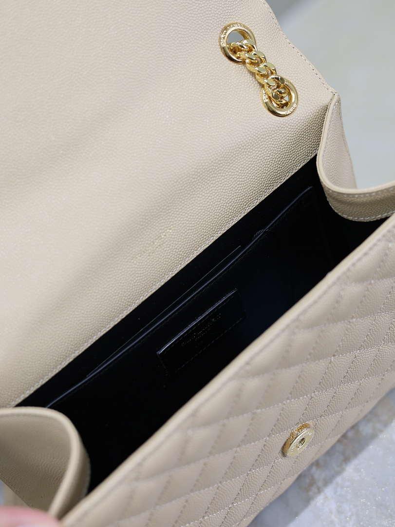 YSL 600185 Envelope Meduim In Quilted Grain De Poudre Embossed Leather Apricot