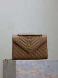 YSL 600185 Envelope Meduim In Quilted Grain De Poudre Embossed Leather Caramel
