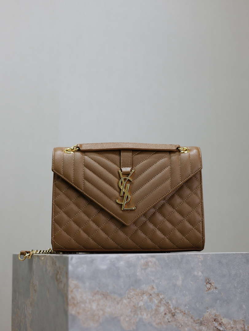 YSL 600185 Envelope Meduim In Quilted Grain De Poudre Embossed Leather Caramel - Default Title - View 1