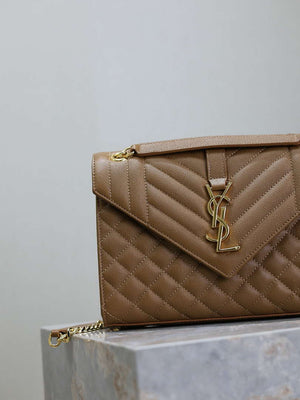 YSL 600185 Envelope Meduim In Quilted Grain De Poudre Embossed Leather Caramel - Default Title - View 3