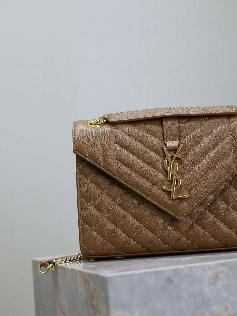 YSL 600185 Envelope Meduim In Quilted Grain De Poudre Embossed Leather Caramel