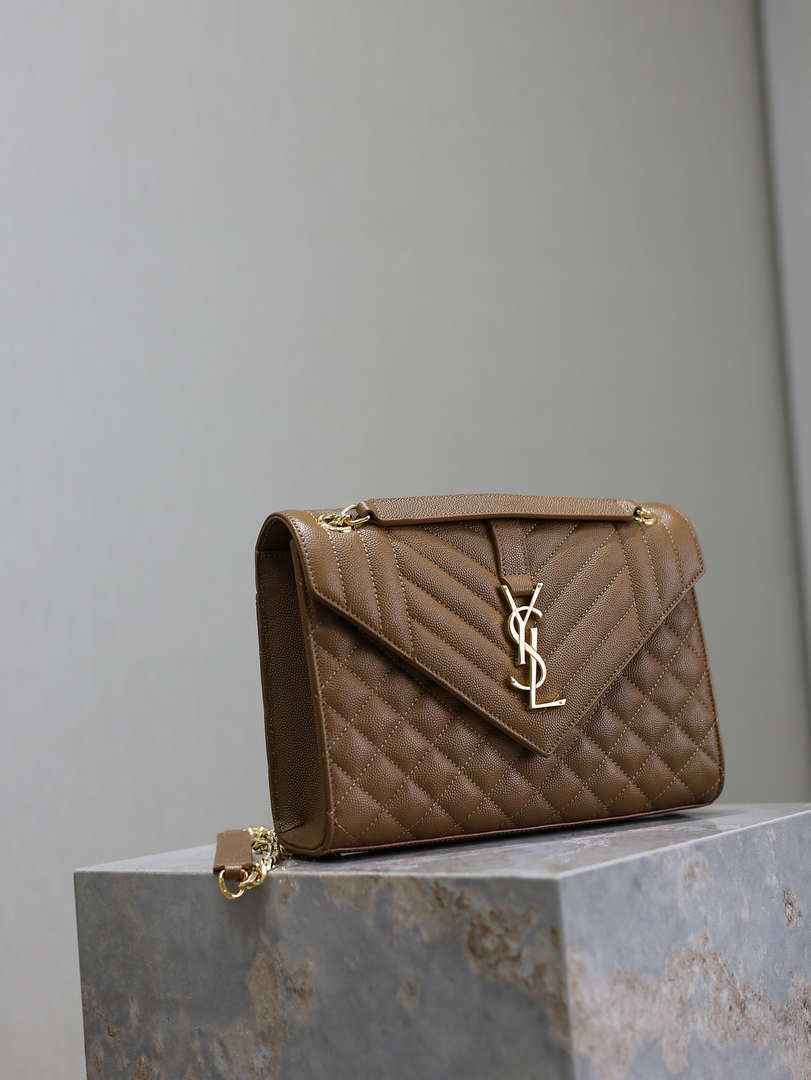YSL 600185 Envelope Meduim In Quilted Grain De Poudre Embossed Leather Caramel