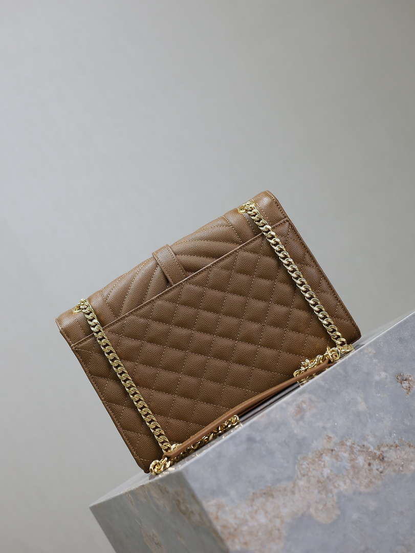 YSL 600185 Envelope Meduim In Quilted Grain De Poudre Embossed Leather Caramel