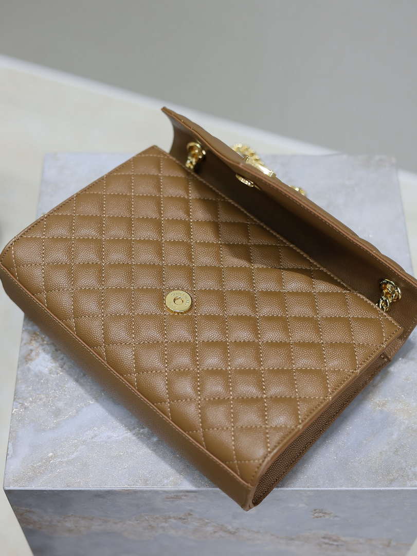 YSL 600185 Envelope Meduim In Quilted Grain De Poudre Embossed Leather Caramel