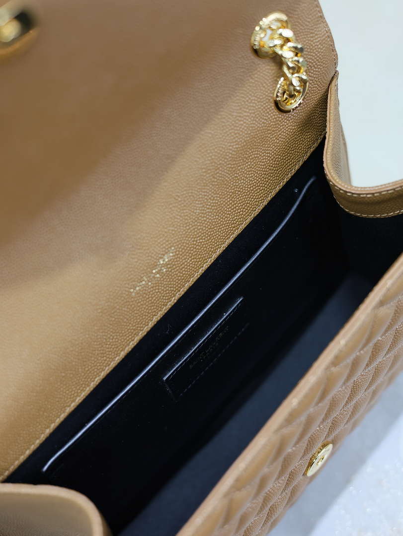YSL 600185 Envelope Meduim In Quilted Grain De Poudre Embossed Leather Caramel