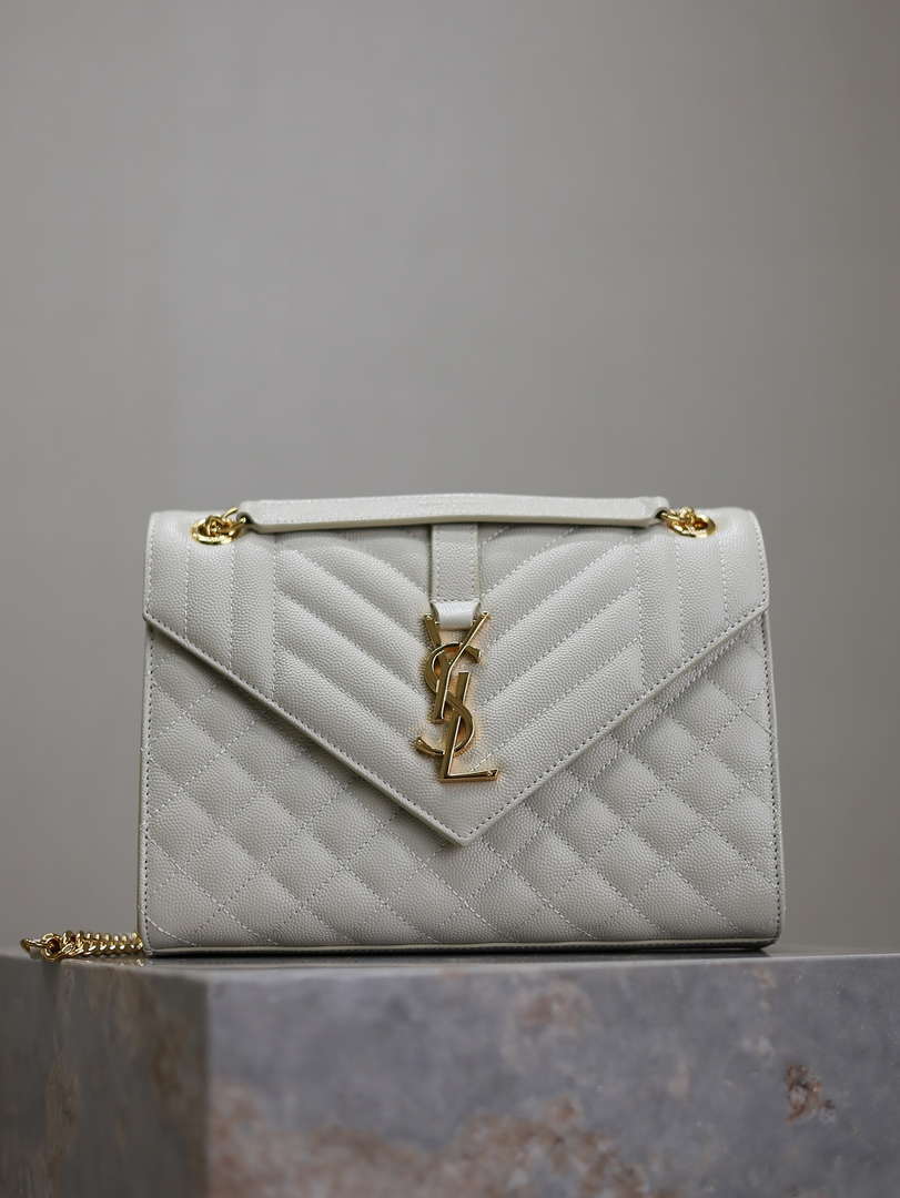 YSL 600185 Envelope Meduim In Quilted Grain De Poudre Embossed Leather White