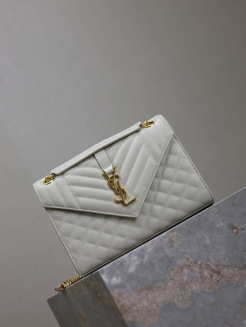 YSL 600185 Envelope Meduim In Quilted Grain De Poudre Embossed Leather White
