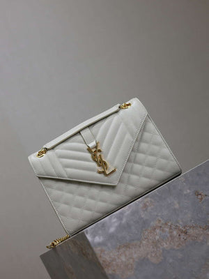 YSL 600185 Envelope Meduim In Quilted Grain De Poudre Embossed Leather White - Default Title - View 2