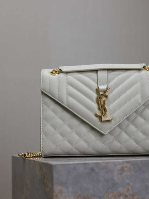 YSL 600185 Envelope Meduim In Quilted Grain De Poudre Embossed Leather White - Default Title - View 3
