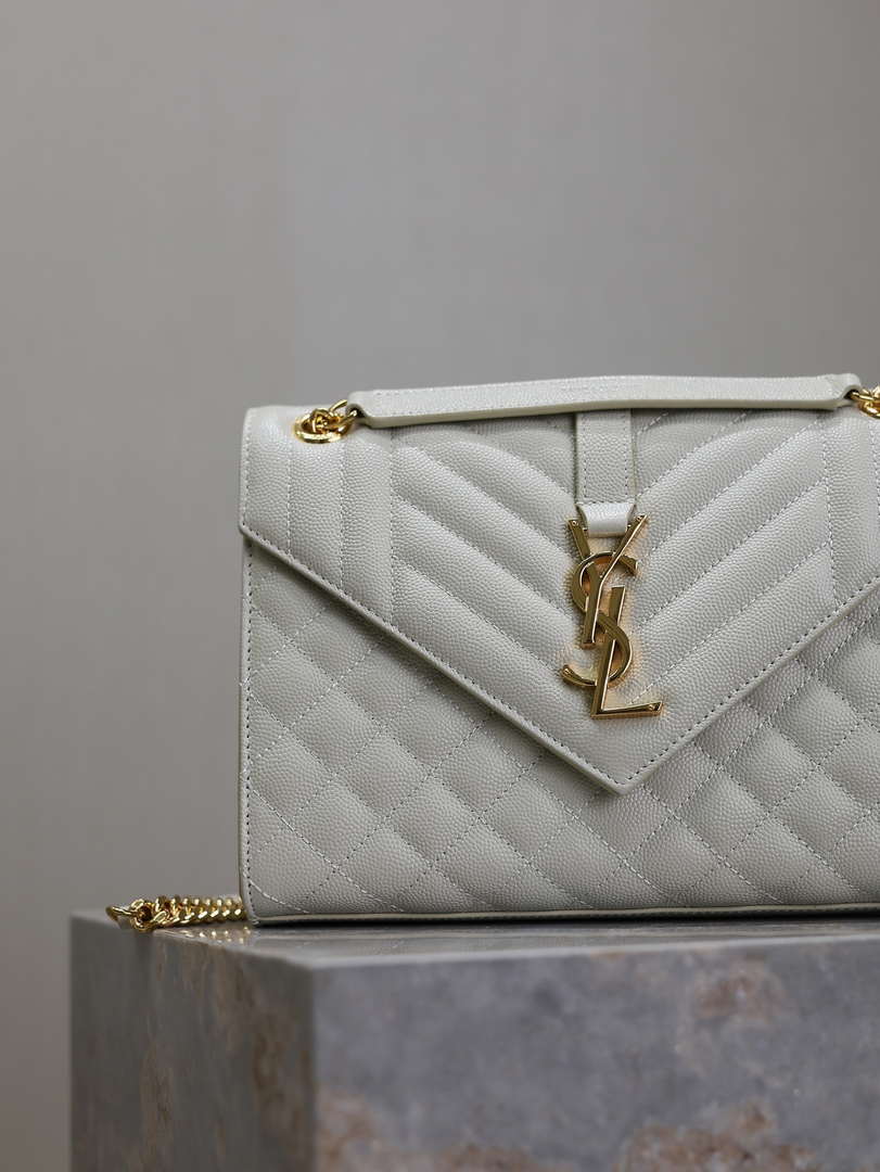 YSL 600185 Envelope Meduim In Quilted Grain De Poudre Embossed Leather White