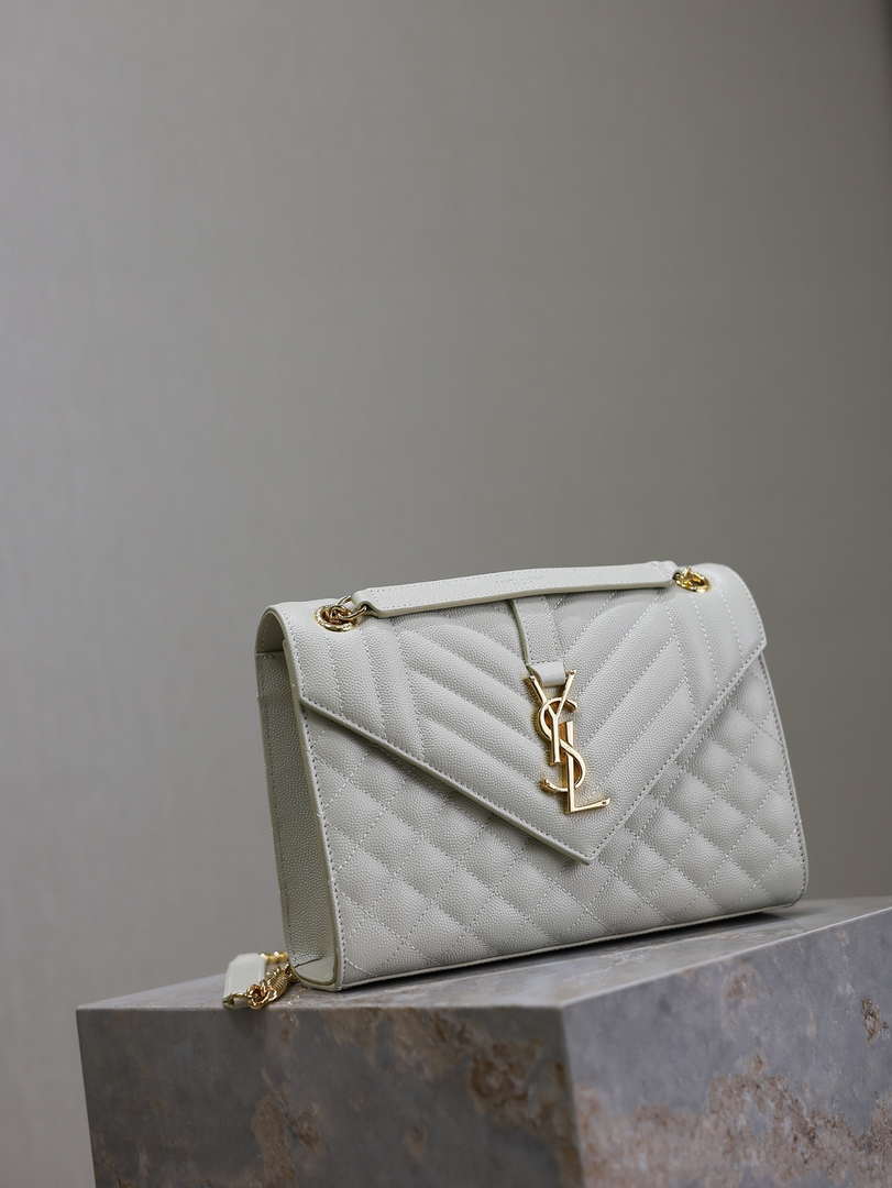 YSL 600185 Envelope Meduim In Quilted Grain De Poudre Embossed Leather White