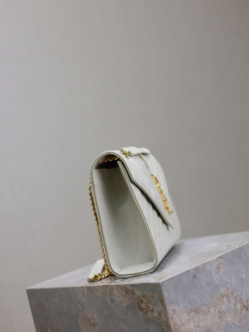 YSL 600185 Envelope Meduim In Quilted Grain De Poudre Embossed Leather White