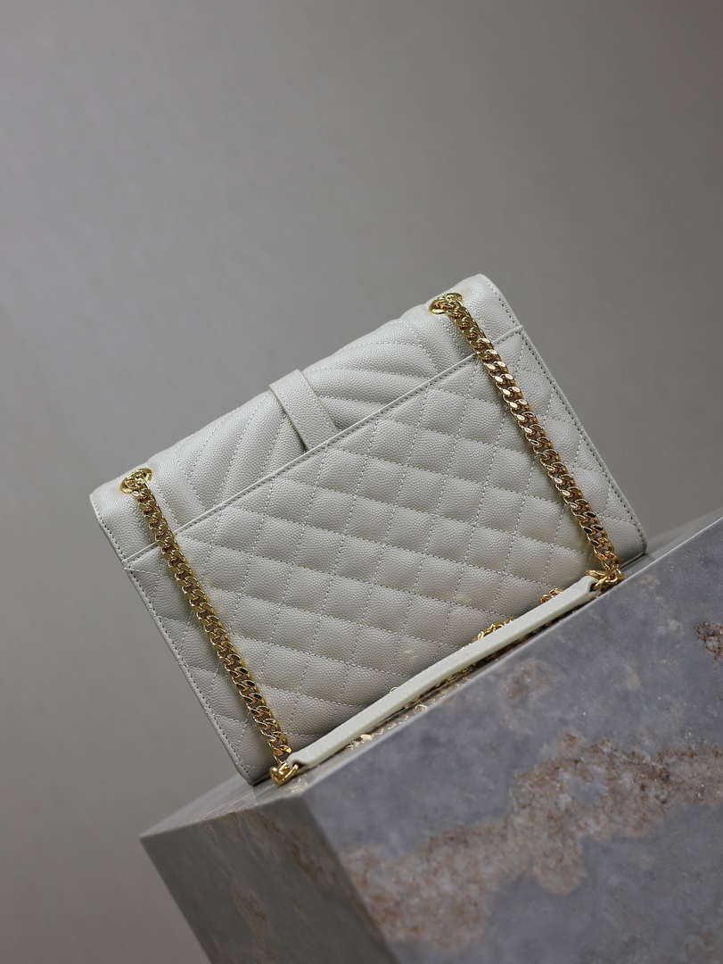 YSL 600185 Envelope Meduim In Quilted Grain De Poudre Embossed Leather White