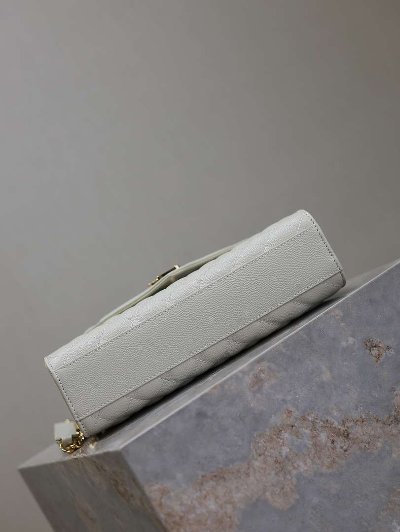 YSL 600185 Envelope Meduim In Quilted Grain De Poudre Embossed Leather White