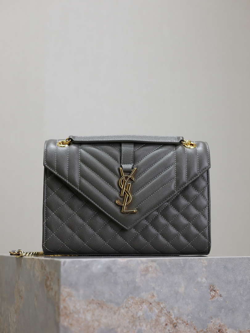 YSL 600185 Envelope Meduim In Quilted Grain De Poudre Embossed Leather Gray - Default Title - View 1
