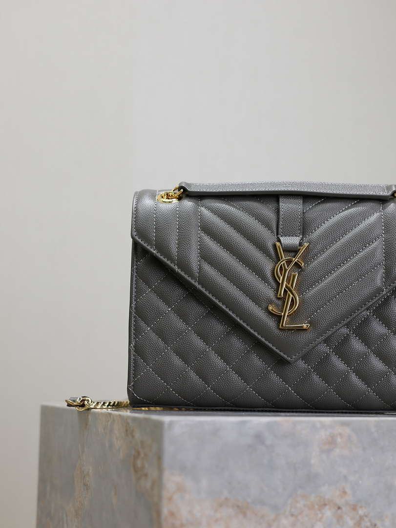 YSL 600185 Envelope Meduim In Quilted Grain De Poudre Embossed Leather Gray