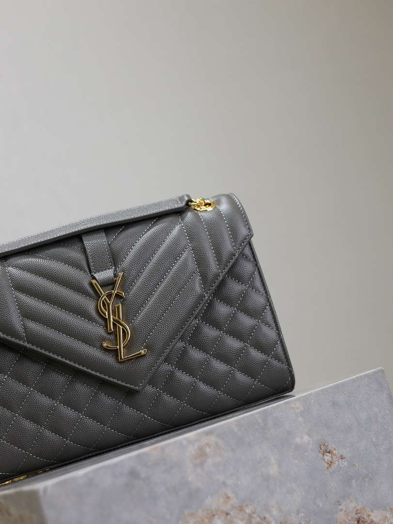 YSL 600185 Envelope Meduim In Quilted Grain De Poudre Embossed Leather Gray