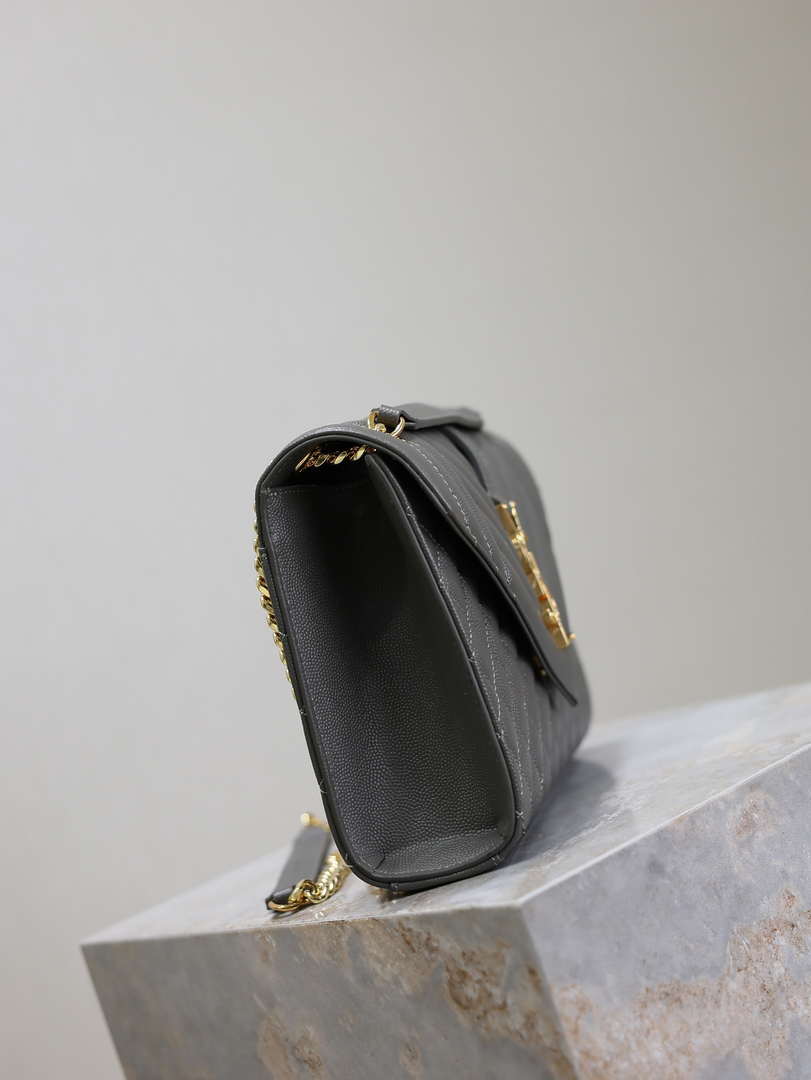 YSL 600185 Envelope Meduim In Quilted Grain De Poudre Embossed Leather Gray