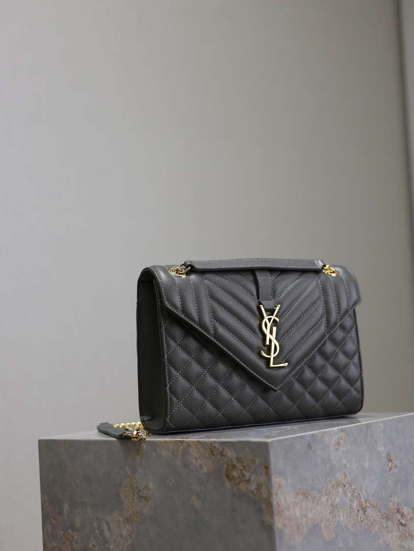 YSL 600185 Envelope Meduim In Quilted Grain De Poudre Embossed Leather Gray