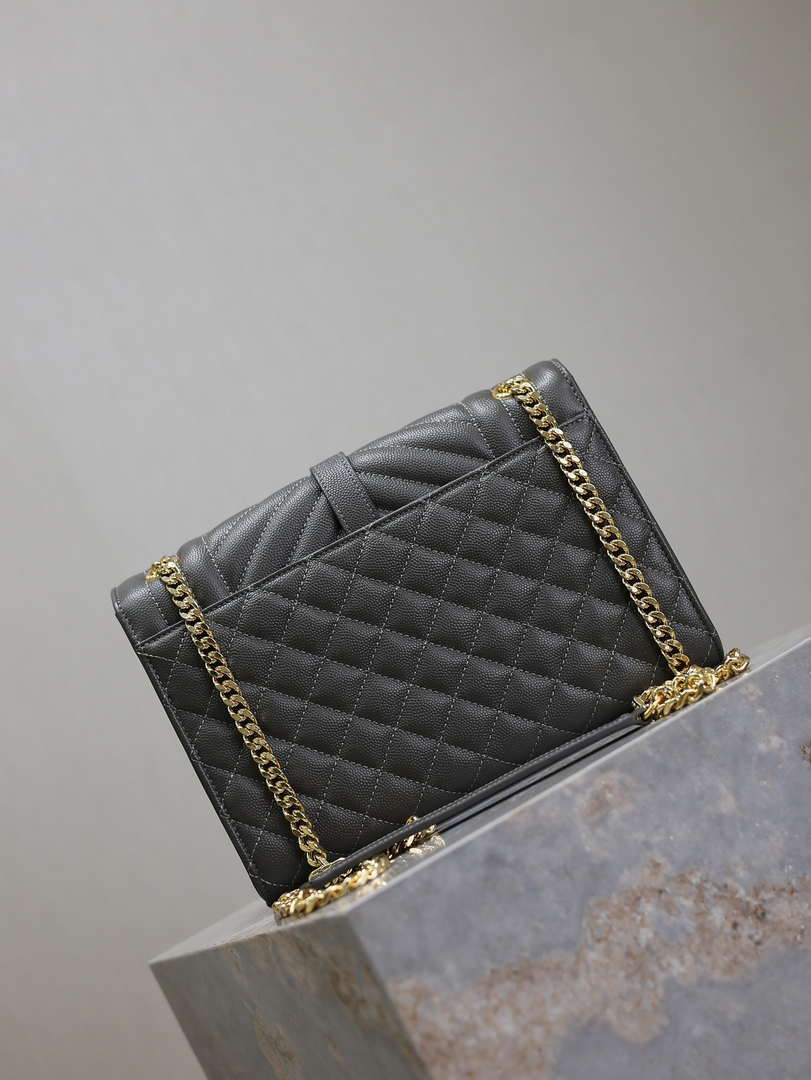 YSL 600185 Envelope Meduim In Quilted Grain De Poudre Embossed Leather Gray