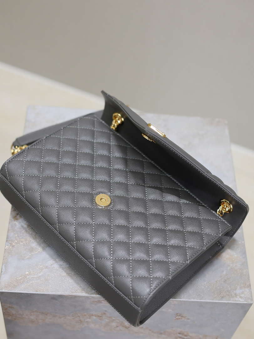 YSL 600185 Envelope Meduim In Quilted Grain De Poudre Embossed Leather Gray