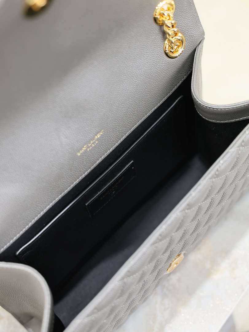 YSL 600185 Envelope Meduim In Quilted Grain De Poudre Embossed Leather Gray
