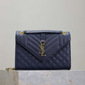 YSL 600185 Envelope Meduim In Quilted Grain De Poudre Embossed Leather Navy Blue - Default Title - View 1