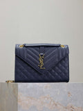 YSL 600185 Envelope Meduim In Quilted Grain De Poudre Embossed Leather Navy Blue
