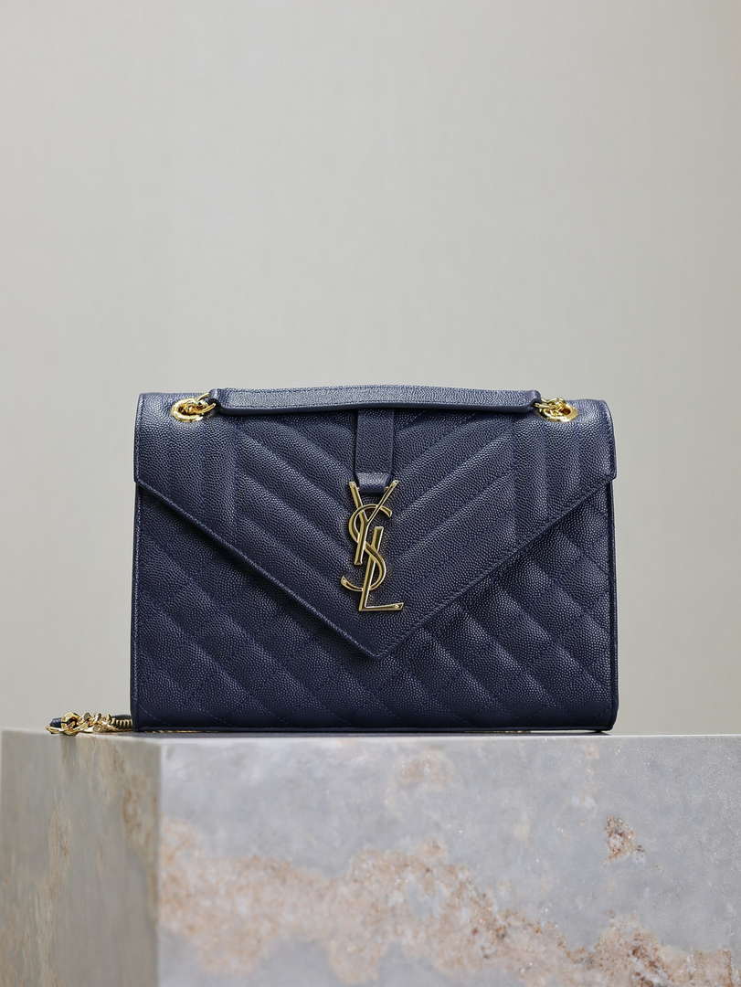 YSL 600185 Envelope Meduim In Quilted Grain De Poudre Embossed Leather Navy Blue - Default Title - View 1