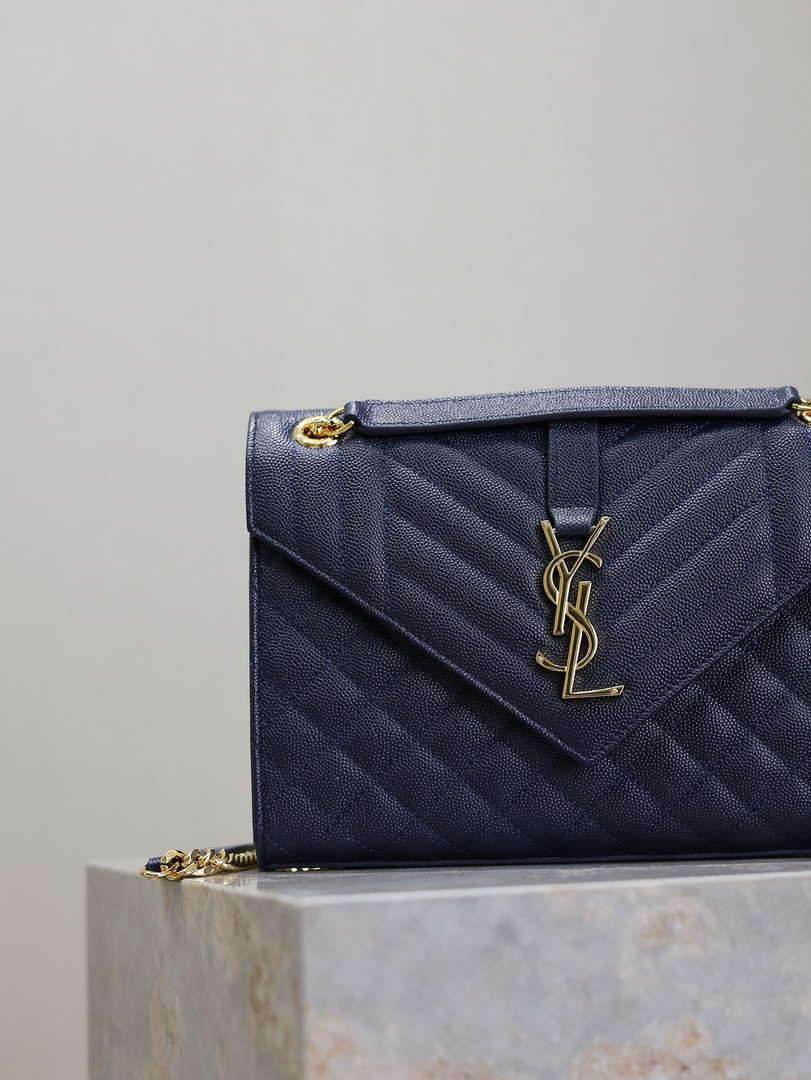 YSL 600185 Envelope Meduim In Quilted Grain De Poudre Embossed Leather Navy Blue
