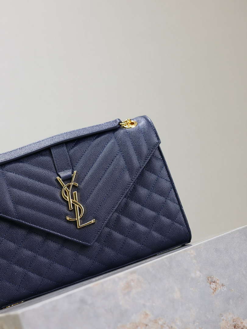 YSL 600185 Envelope Meduim In Quilted Grain De Poudre Embossed Leather Navy Blue