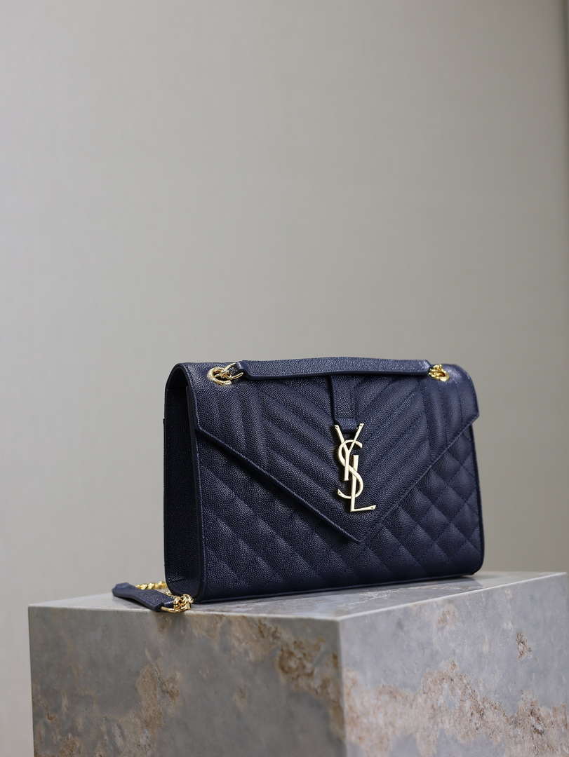 YSL 600185 Envelope Meduim In Quilted Grain De Poudre Embossed Leather Navy Blue
