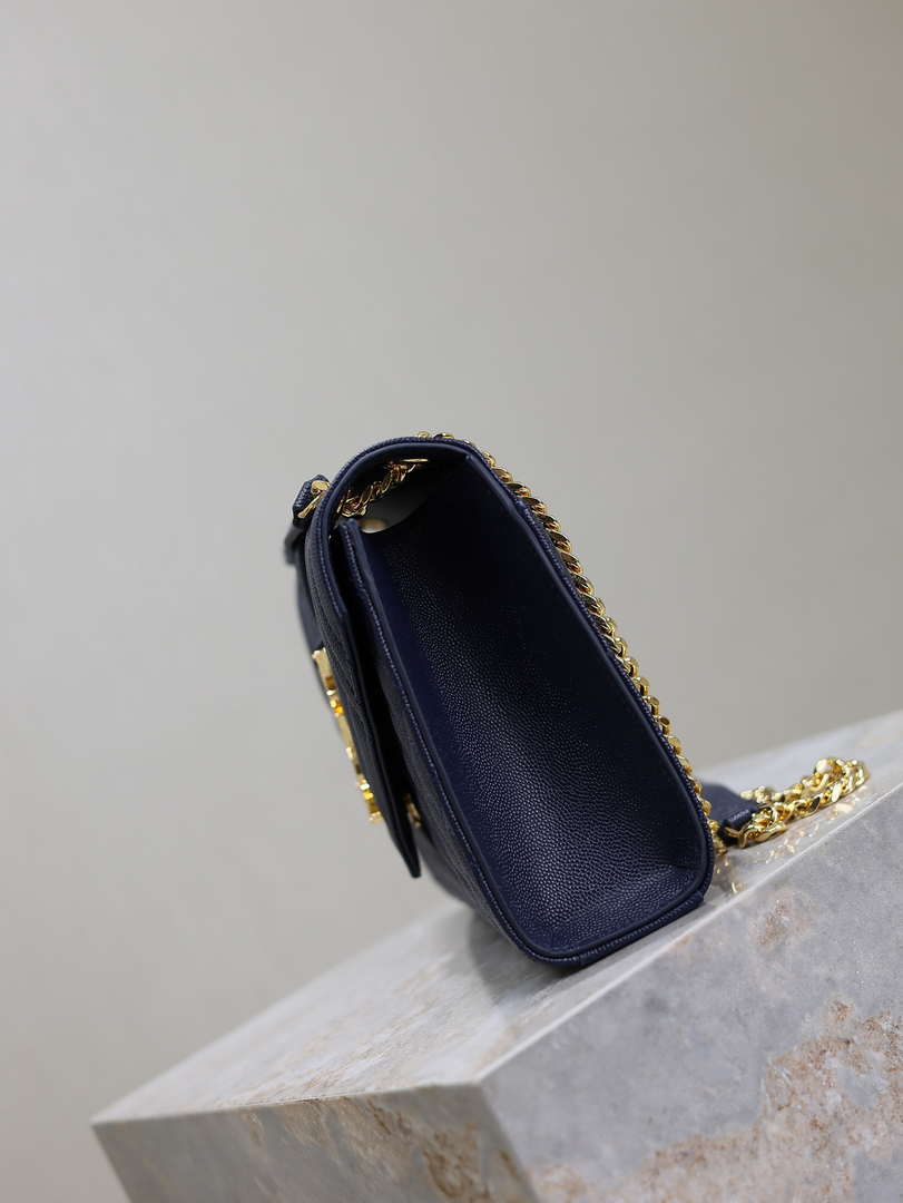 YSL 600185 Envelope Meduim In Quilted Grain De Poudre Embossed Leather Navy Blue