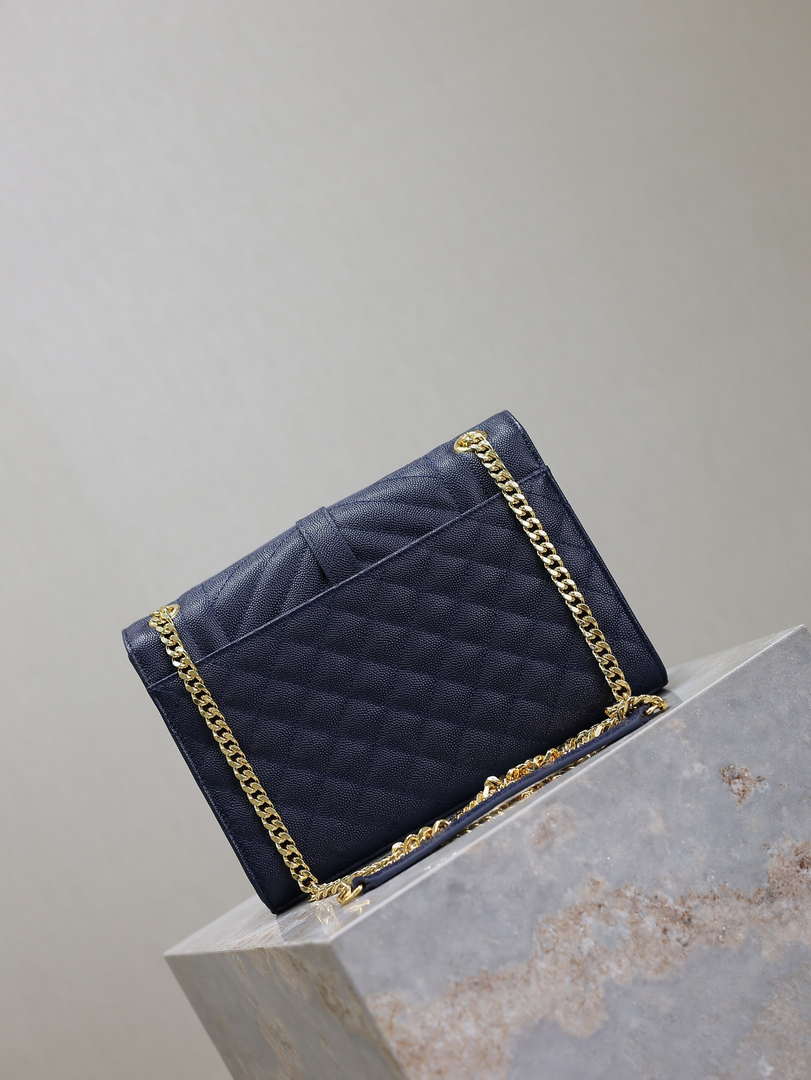 YSL 600185 Envelope Meduim In Quilted Grain De Poudre Embossed Leather Navy Blue