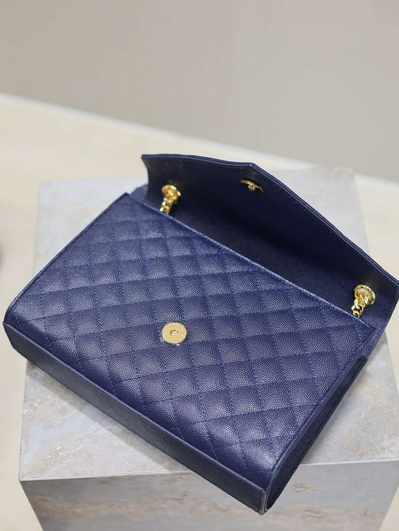 YSL 600185 Envelope Meduim In Quilted Grain De Poudre Embossed Leather Navy Blue