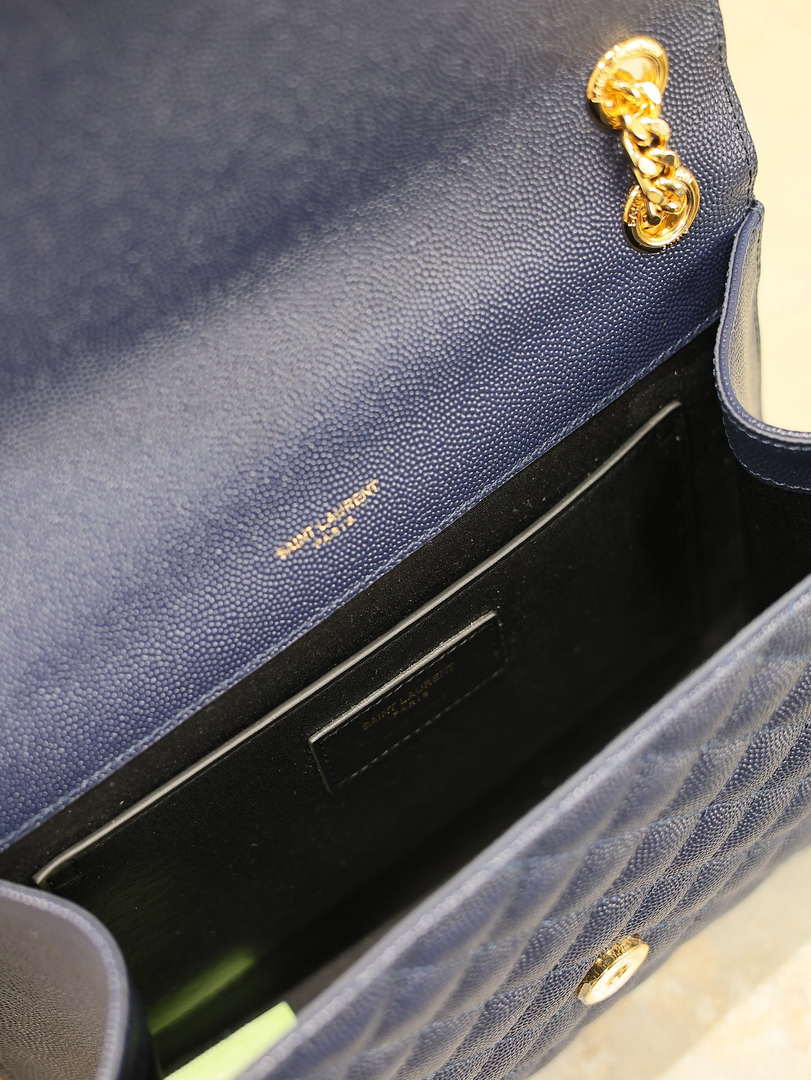 YSL 600185 Envelope Meduim In Quilted Grain De Poudre Embossed Leather Navy Blue