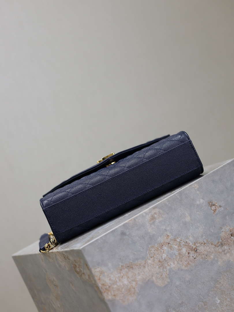 YSL 600185 Envelope Meduim In Quilted Grain De Poudre Embossed Leather Navy Blue